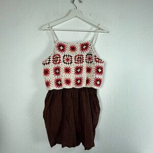 Lucky Brand Womens Square Neck Sleeveless Crochet Romper Small Boho Summer Brown